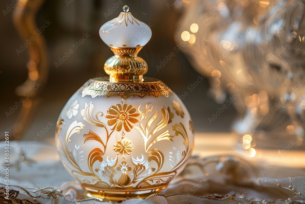 Elegant perfume bottle with a floral design is standing on a silk fabric Elegant perfume bottle with a floral design is standing on a silk fabric