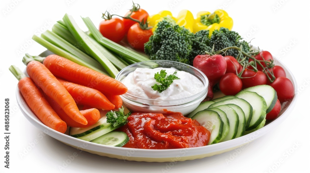 18. Colorful vegetable sticks with a dip on a white background 18. Colorful vegetable sticks with a dip on a white background