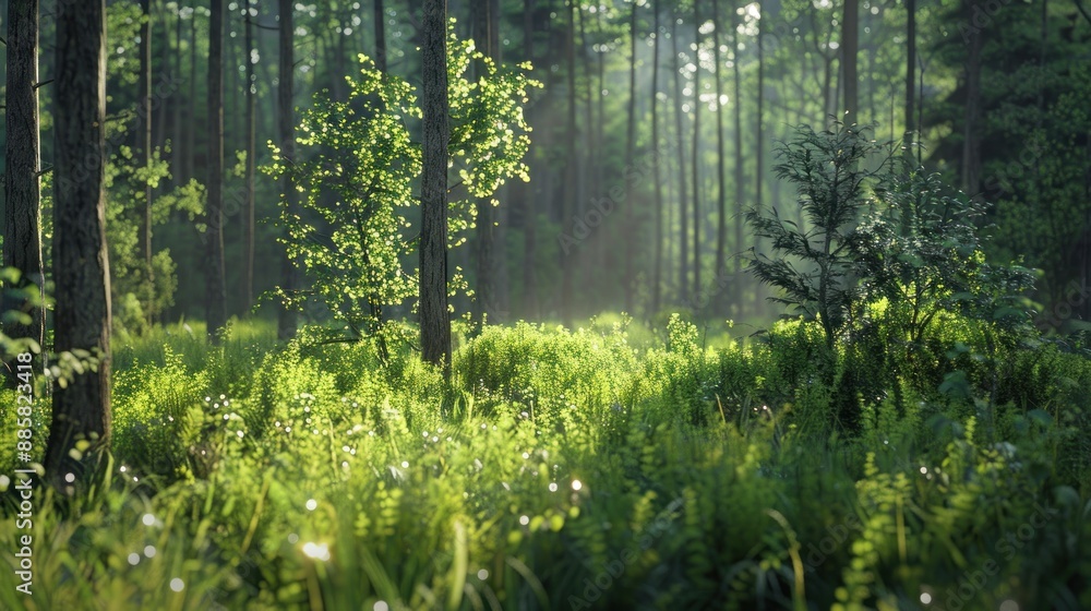 Fototapeta premium Natural dorest of woods with sunbeams through fog and leaves branch create mystic atmosphere. natural green beech forest in the morning light. busy forest with wood tree