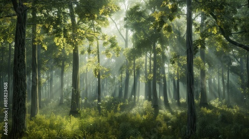 Natural dorest of woods with sunbeams through fog and leaves branch create mystic atmosphere. natural green beech forest in the morning light. busy forest with wood tree © Paradox