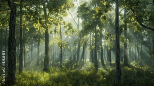 Natural dorest of woods with sunbeams through fog and leaves branch create mystic atmosphere. natural green beech forest in the morning light. busy forest with wood tree