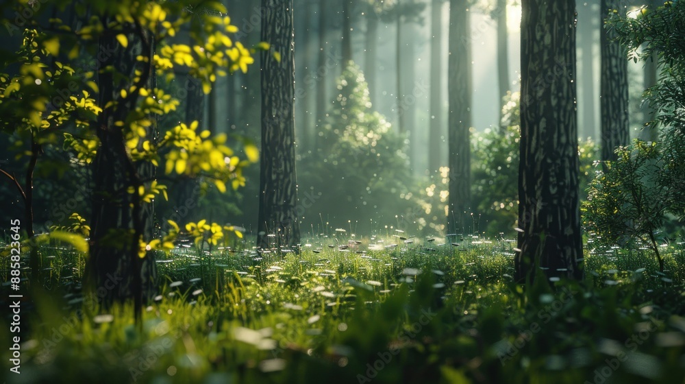 Fototapeta premium Natural dorest of woods with sunbeams through fog and leaves branch create mystic atmosphere. natural green beech forest in the morning light. busy forest with wood tree