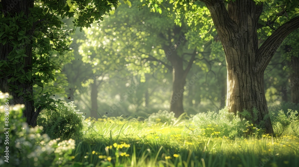 Natural dorest of woods with sunbeams through fog and leaves branch create mystic atmosphere. natural green beech forest in the morning light. busy forest with wood tree Natural dorest of woods with sunbeams through fog and leaves branch create mystic atmosphere. natural green beech forest in the morning light. busy forest with wood tree