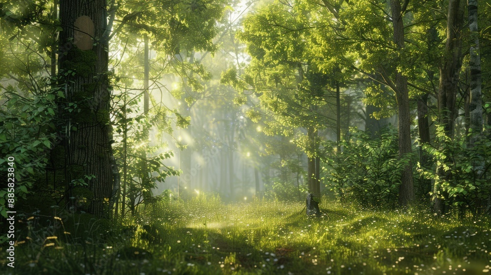Obraz premium Natural dorest of woods with sunbeams through fog and leaves branch create mystic atmosphere. natural green beech forest in the morning light. busy forest with wood tree