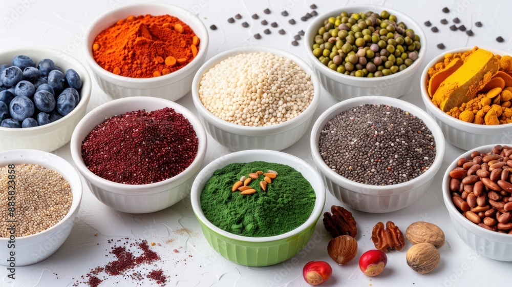 7. Assorted superfoods in small bowls on a white background 7. Assorted superfoods in small bowls on a white background