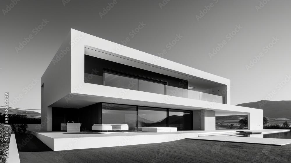 Modernist architectural plan, sleek lines and open spaces, innovative arrangement of rooms, emphasizing functionality and minimalist design Modernist architectural plan, sleek lines and open spaces, innovative arrangement of rooms, emphasizing functionality and minimalist design