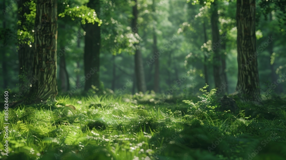 Obraz premium Natural dorest of woods with sunbeams through fog and leaves branch create mystic atmosphere. natural green beech forest in the morning light. busy forest with wood tree