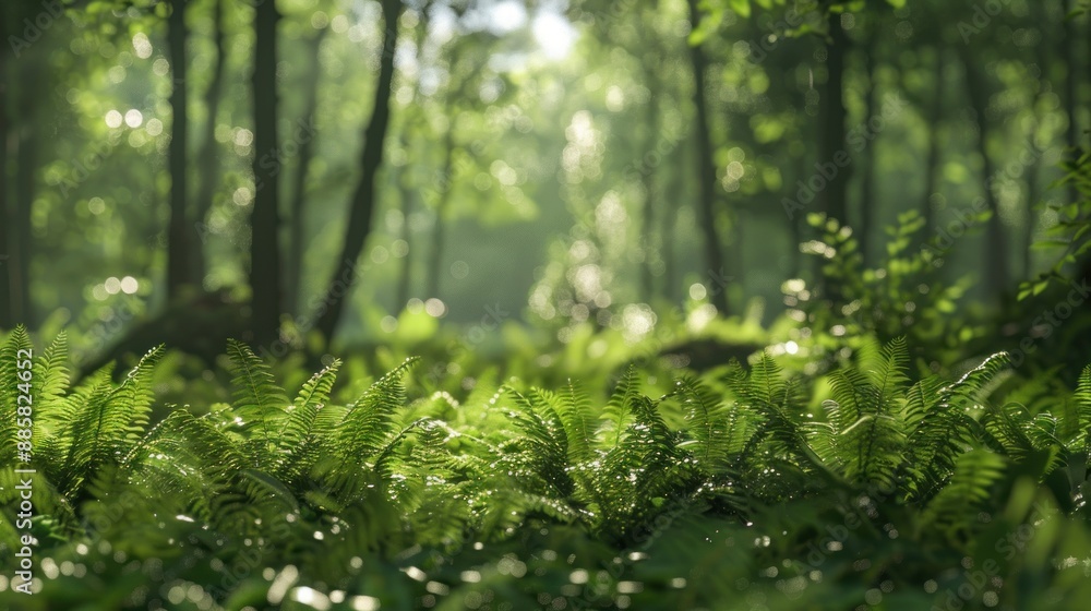 Natural dorest of woods with sunbeams through fog and leaves branch create mystic atmosphere. natural green beech forest in the morning light. busy forest with wood tree Natural dorest of woods with sunbeams through fog and leaves branch create mystic atmosphere. natural green beech forest in the morning light. busy forest with wood tree