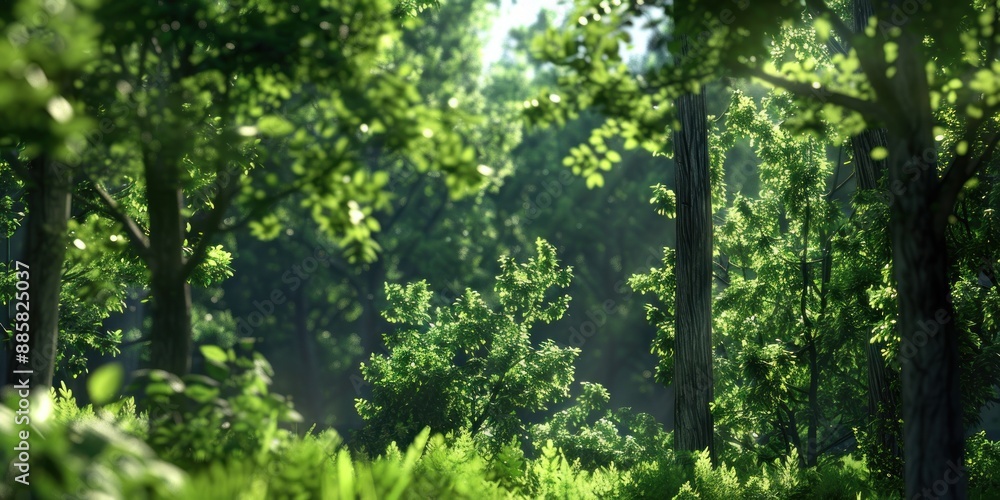Natural dorest of woods with sunbeams through fog and leaves branch create mystic atmosphere. natural green beech forest in the morning light. busy forest with wood tree Natural dorest of woods with sunbeams through fog and leaves branch create mystic atmosphere. natural green beech forest in the morning light. busy forest with wood tree