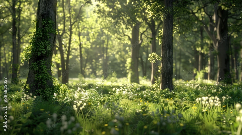 Fototapeta premium Natural dorest of woods with sunbeams through fog and leaves branch create mystic atmosphere. natural green beech forest in the morning light. busy forest with wood tree