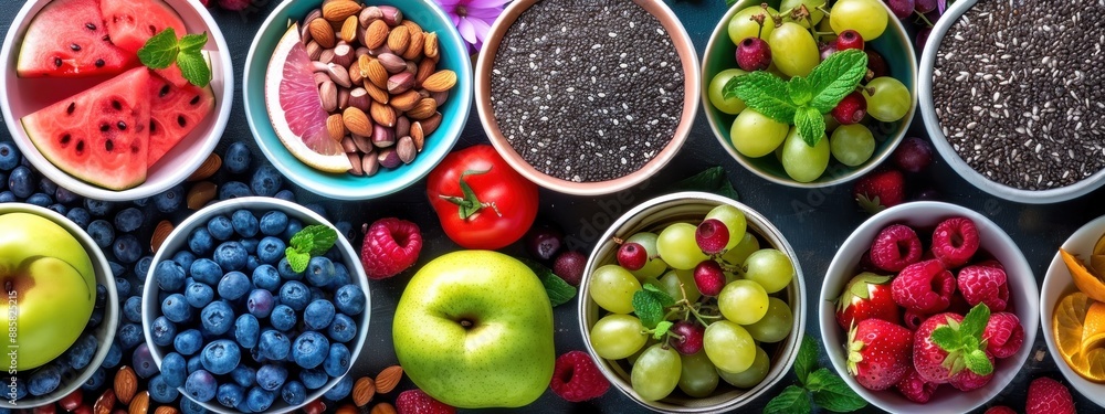 A table full of bowls of fruit and nuts. A table full of bowls of fruit and nuts.