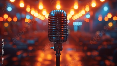 In an auditorium full of expectant spectators, a microphone on a stand is highlighted by a spotlight, and the microphone shines under the spotlight: a compelling performance