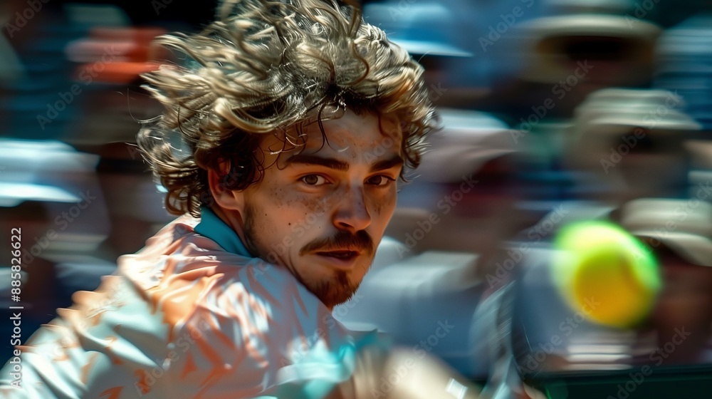 Obraz premium Close-up of a male tennis player in action, focusing intensely on the ball amidst a blurred crowd background.