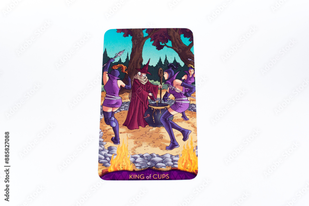 Fototapeta premium Tarot cards, Waite Rider tarot cards, the king of cups card in the foreground on a background of available deck cards