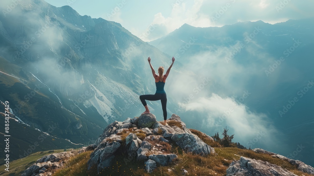 A yogi in a serene mountain setting practicing advanced yoga poses, demonstrating flexibility and balance A yogi in a serene mountain setting practicing advanced yoga poses, demonstrating flexibility and balance