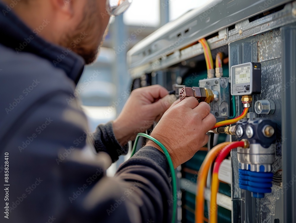 A technician working on a large air conditioning unit, focusing on the hands and the equipment. A technician working on a large air conditioning unit, focusing on the hands and the equipment.