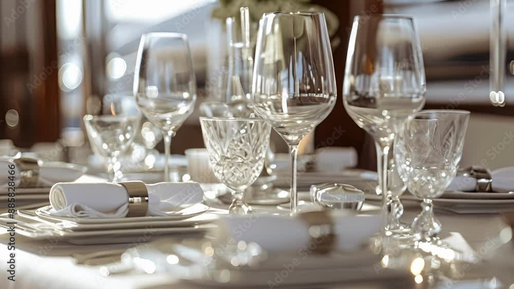 A closeup of the elegant dining table on the yacht set with fine china and crystal glasses. A closeup of the elegant dining table on the yacht set with fine china and crystal glasses.