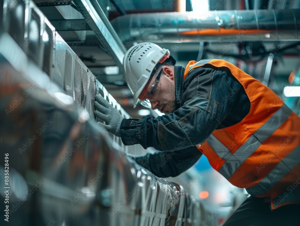 A worker in a hard hat and safety vest performs maintenance on industrial machinery. A worker in a hard hat and safety vest performs maintenance on industrial machinery.