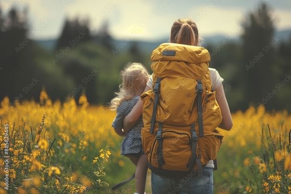 Woman Hiking Through A Field of Yellow Flowers With a Child Woman Hiking Through A Field of Yellow Flowers With a Child