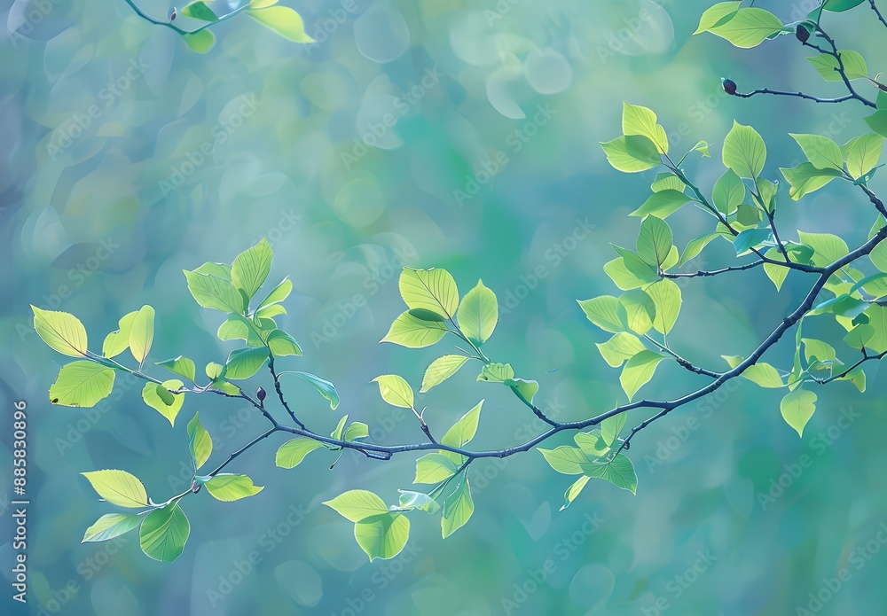 Springtime Branch with Green Leaves in Pastel Springtime Branch with Green Leaves in Pastel