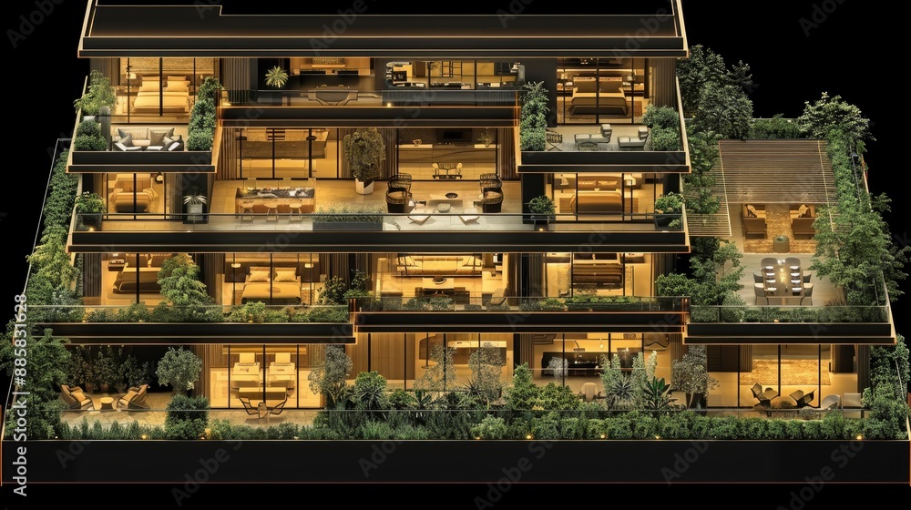 Isometric floor plan of a chic urban penthouse, black background, red line, rooftop garden, trendy Isometric floor plan of a chic urban penthouse, black background, red line, rooftop garden, trendy