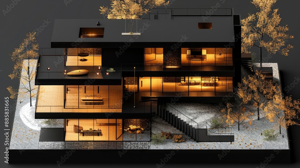 Isometric floor plan of a contemporary art museum, black background, bold black line, exhibition halls, modern Isometric floor plan of a contemporary art museum, black background, bold black line, exhibition halls, modern
