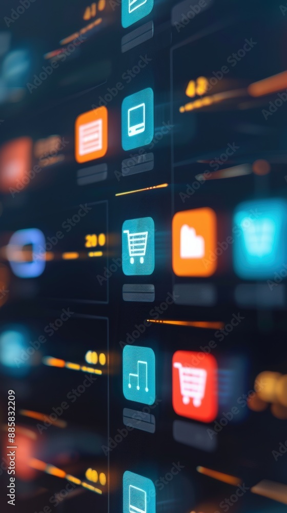 Obraz premium Abstract close-up of digital shopping icons on a screen, illustrating the concept of online shopping and e-commerce technology.
