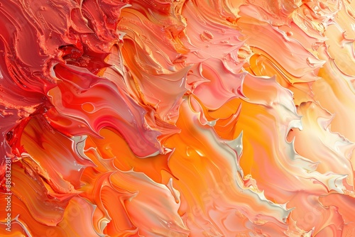 Abstract close-up of vibrant orange, red, and pink brushstrokes in thick oil paint. Dynamic texture and movement perfect for creative projects. photo