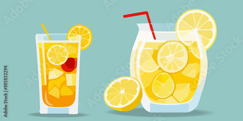Cold lemonade. Fresh drinks, homemade lemonade in jug and glass with lemon slices and ice cubes  in cartoon style isolated on blue background. Lemonade Vector flat illustration.