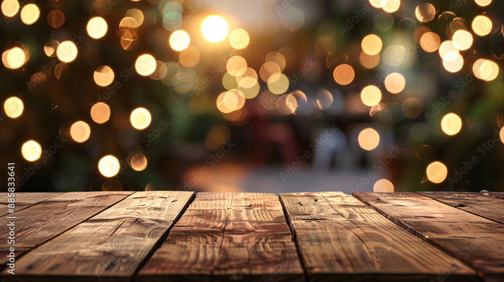 Empty wooden table for product display with party lights background Empty wooden table for product display with party lights background