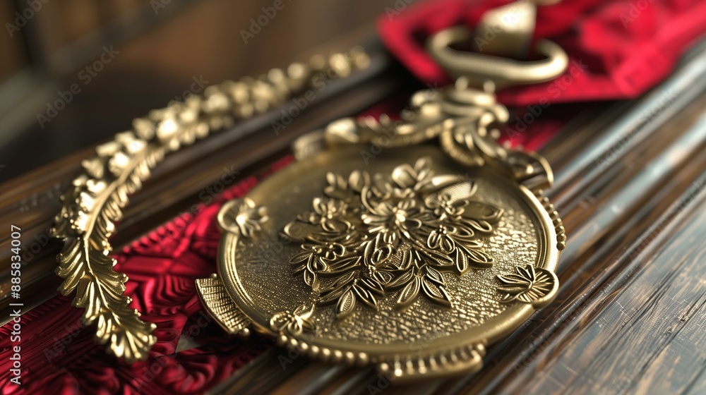 Close-up of an ornate golden key with intricate designs on a red velvet background. Close-up of an ornate golden key with intricate designs on a red velvet background.