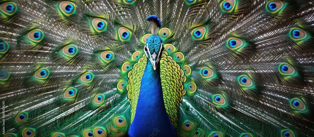 Obraz premium Peacock with Fan of Feathers Displaying Iridescent Colors