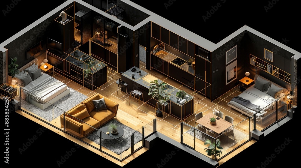 Isometric floor plan of a luxury ski chalet, black background, frosty blue line, cozy fireplaces, elegant Isometric floor plan of a luxury ski chalet, black background, frosty blue line, cozy fireplaces, elegant