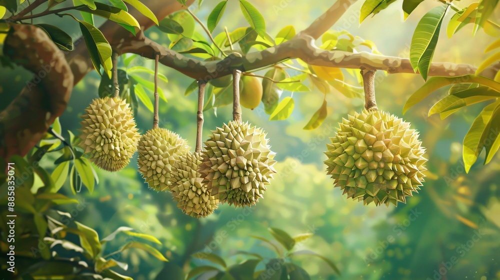 Fresh durian on the durian tree in the garden
Fresh durian on the durian tree in the garden