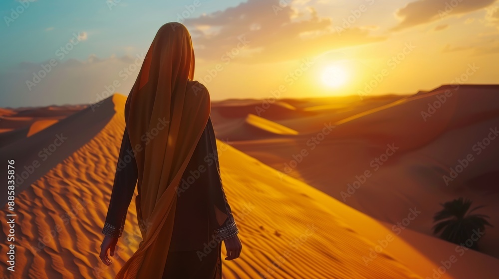 Desert beauty woman in hijab strolling sand dunes at sunset, embodying wanderlust and wellbeing Desert beauty woman in hijab strolling sand dunes at sunset, embodying wanderlust and wellbeing