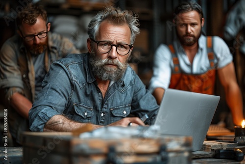 Mature Man Using Laptop in Workshop With Two Other Men