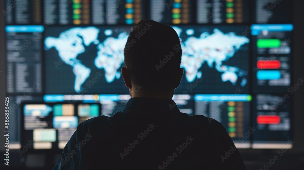 Silhouette of a person managing logistics through AI dashboards, Silhouette technology logistics manager automation, AI dashboards Silhouette of a person managing logistics through AI dashboards, Silhouette technology logistics manager automation, AI dashboards