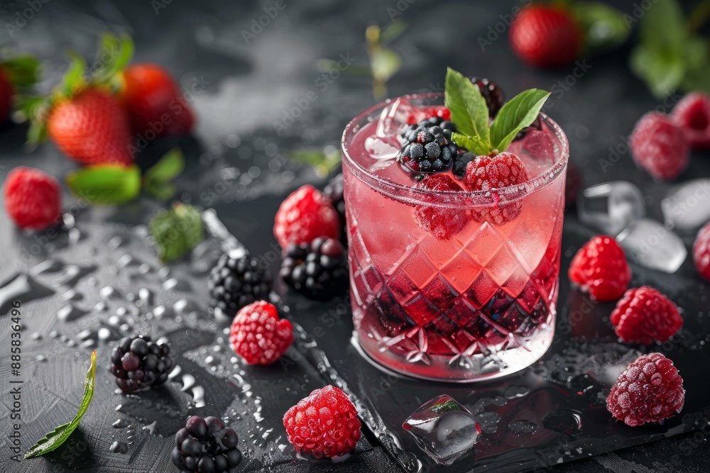 Glass of refreshing summer cocktail with raspberries and blackberries on dark stone background Glass of refreshing summer cocktail with raspberries and blackberries on dark stone background