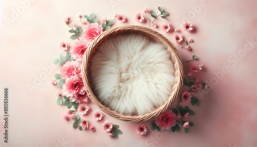 Wallpaper Mural Newborn baby photography basket. Background for newborn baby with pink flowers.Green Wreath Digital Newborn Backdrop Torontodigital.ca