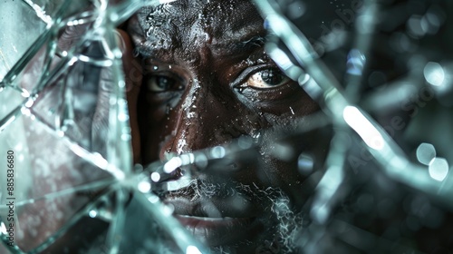 A man looks through a broken glass window with concern