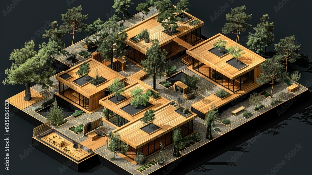 Fototapeta premium Isometric floor plan of a serene wellness center, black background, soft pink line, healing spaces, calming