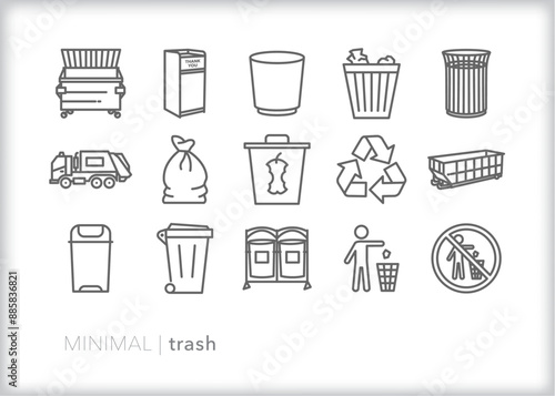 Set of trash, garbage, recycling, rubbish, and landfill line icons for disposal of unwanted items