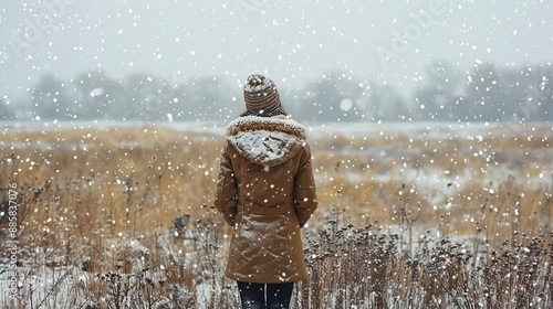 Woman standing in a snowy field, viewed from behind, under the serene fall of snowflakes photo