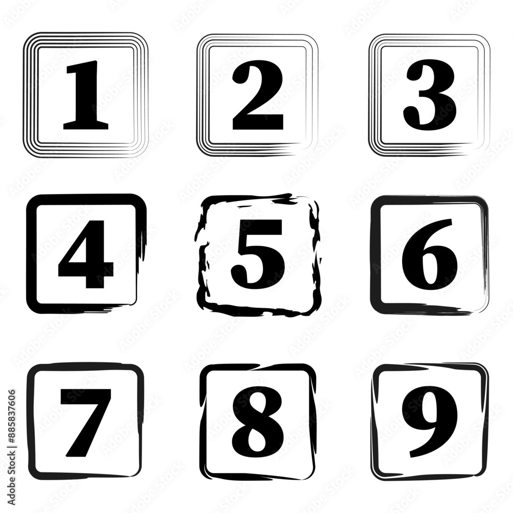 Number icon set. Black numbers. Grunge borders. Vector illustration. Number icon set. Black numbers. Grunge borders. Vector illustration.