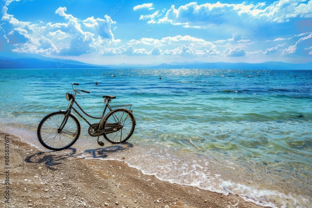 Fototapeta premium Vintage bicycle is parked on a secluded beach, with crystal clear turquoise water gently lapping at the shore