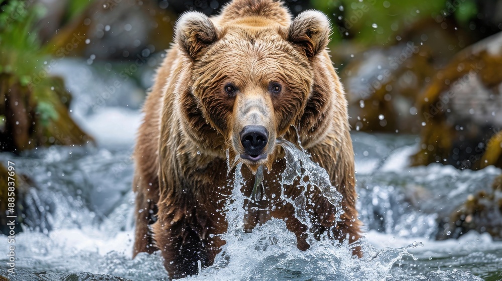 Majestic Brown Bear Fishing in River Captured Mid-Hunt with Water Splashing, Highlighting Raw Power and Beauty of Wildlife Majestic Brown Bear Fishing in River Captured Mid-Hunt with Water Splashing, Highlighting Raw Power and Beauty of Wildlife
