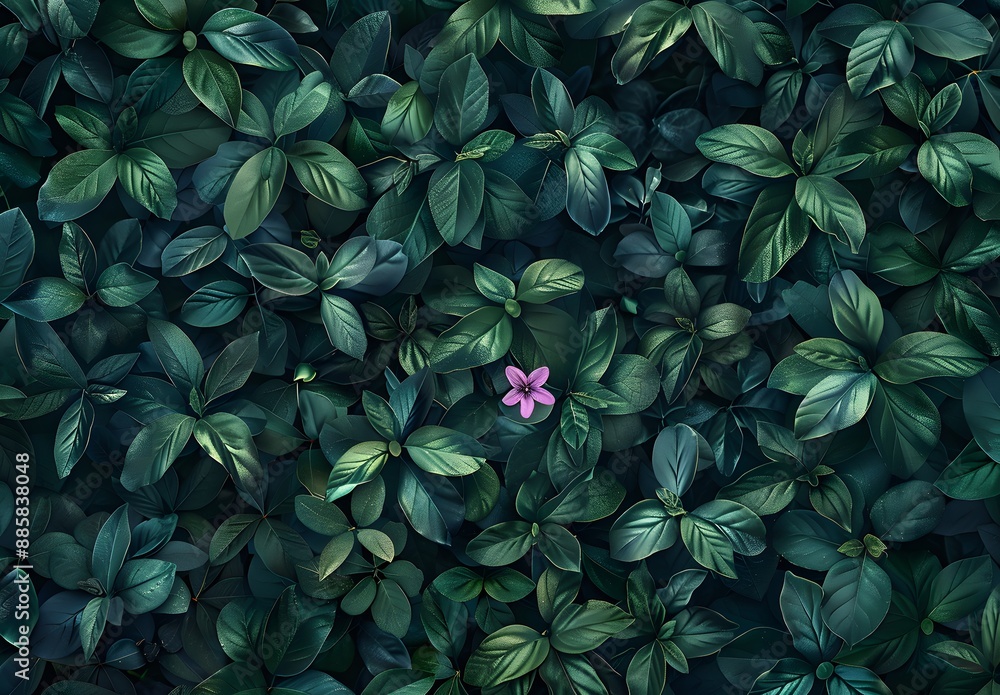 Dense Green Foliage Texture with Purple Flower Dense Green Foliage Texture with Purple Flower