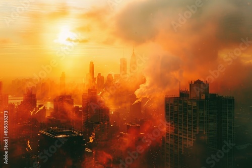 Thick orange fog is covering the new york city skyline during a dramatic sunset