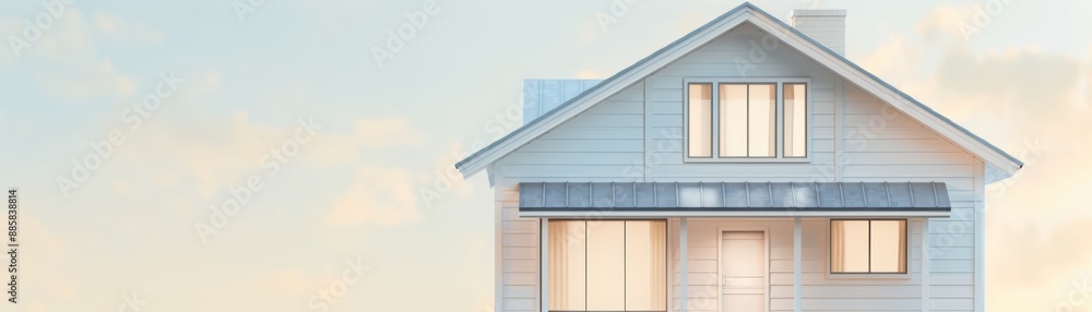Obraz premium Bright and cozy suburban house with large windows against a soft sky background, showcasing modern architectural design.