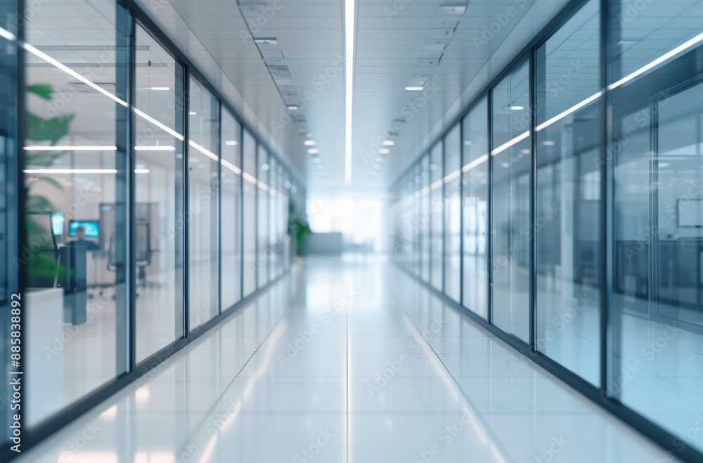 Obraz premium Bright and modern office corridor with glass walls and sleek design. Professional workspace environment ideal for corporate settings.